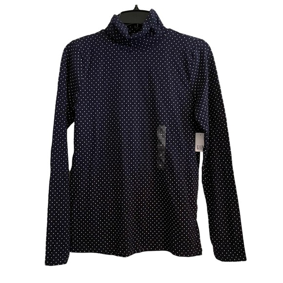 NWT Gap Womens Medium Turtleneck T Shirt Jersey Knit Polka Dot Navy Blue Light - Picture 1 of 6
